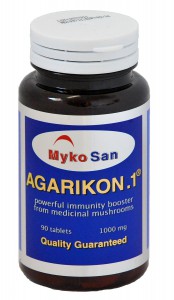 Bottiglia di Agarikon.1, miscela di estratti di funghi medicinali per pazienti malati di cancro (prezzo di 90 pastiglie 60 USD)