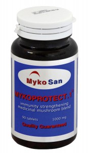 Una bottiglietta di Mykoprotect.1, estratto di funghi medicinali contro i virus (il prezzo di 90 pastiglie è di 45 USA Dollari)